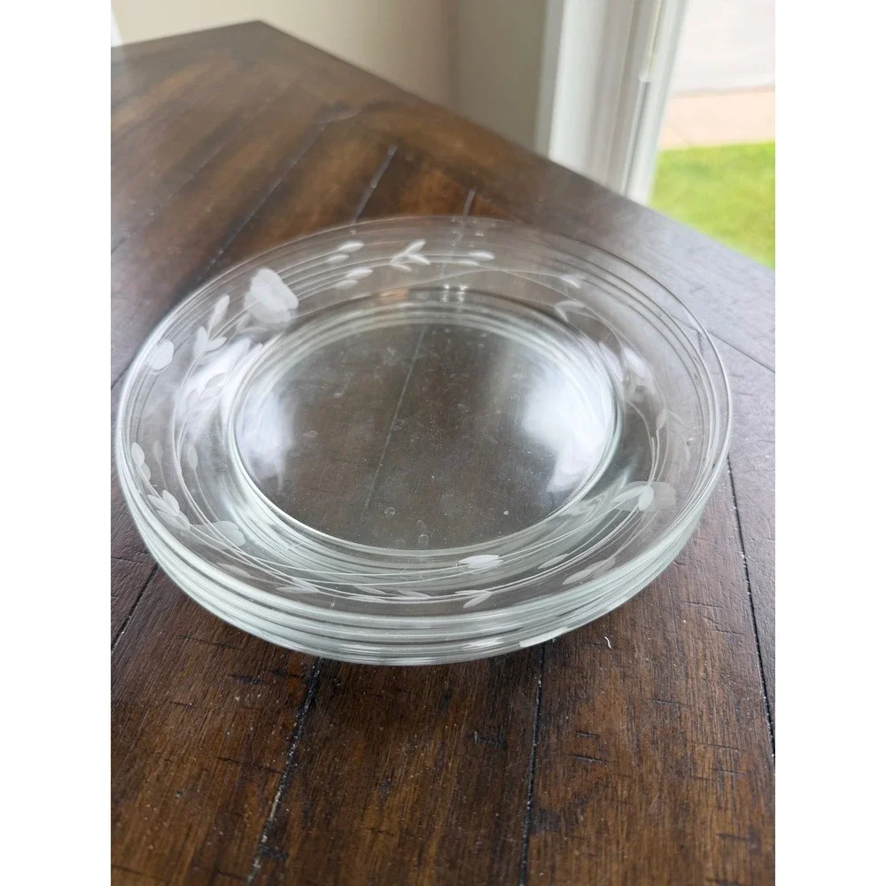 Prince House Frosted Floral Etched Clear Glass Salad Dessert Plates 8